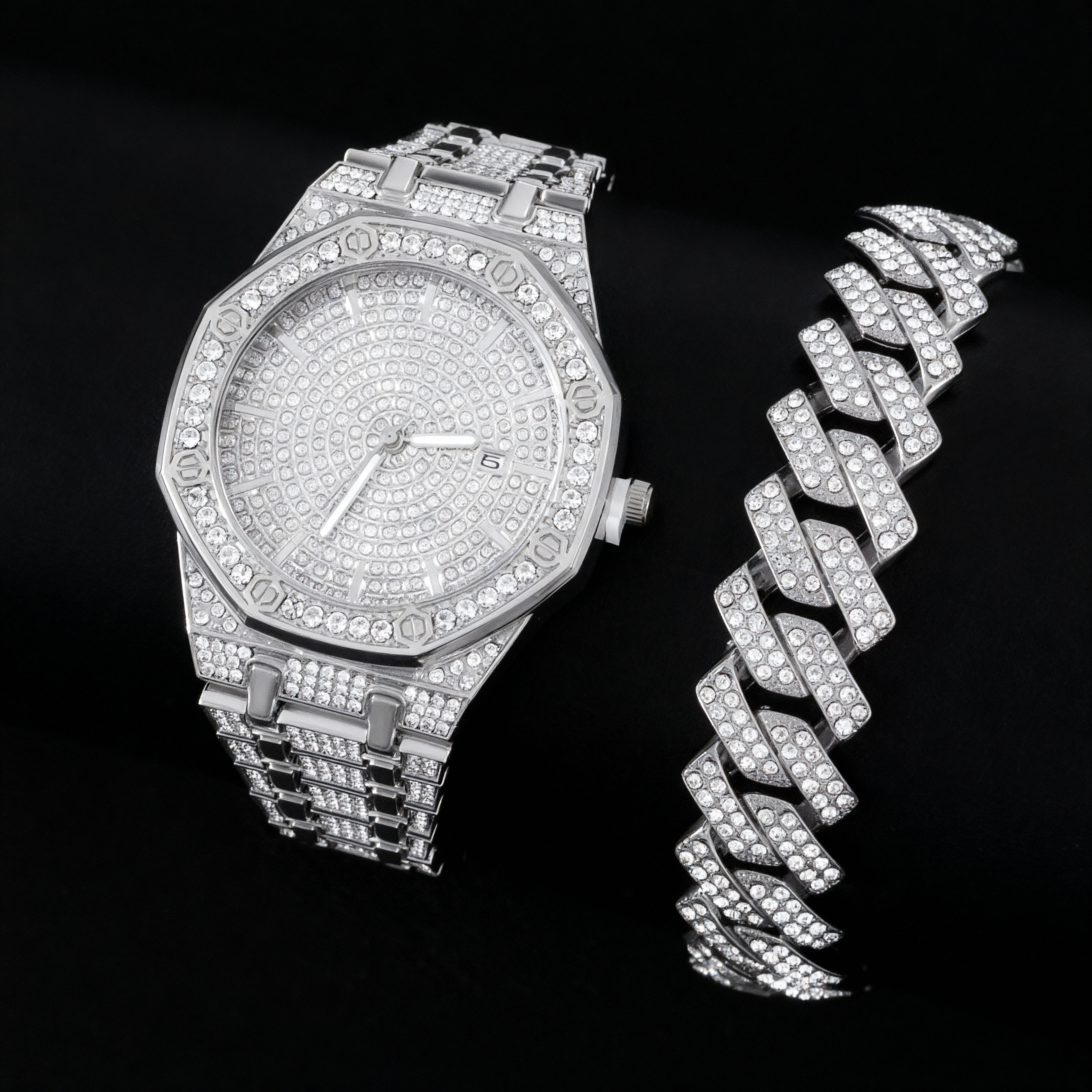 Reloj Luxury "Iced Out" + Pulsera Cubana - Set Hip Hop Gold