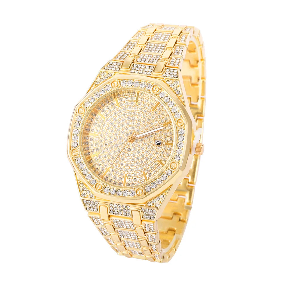 Reloj Luxury "Iced Out" + Pulsera Cubana - Set Hip Hop Gold