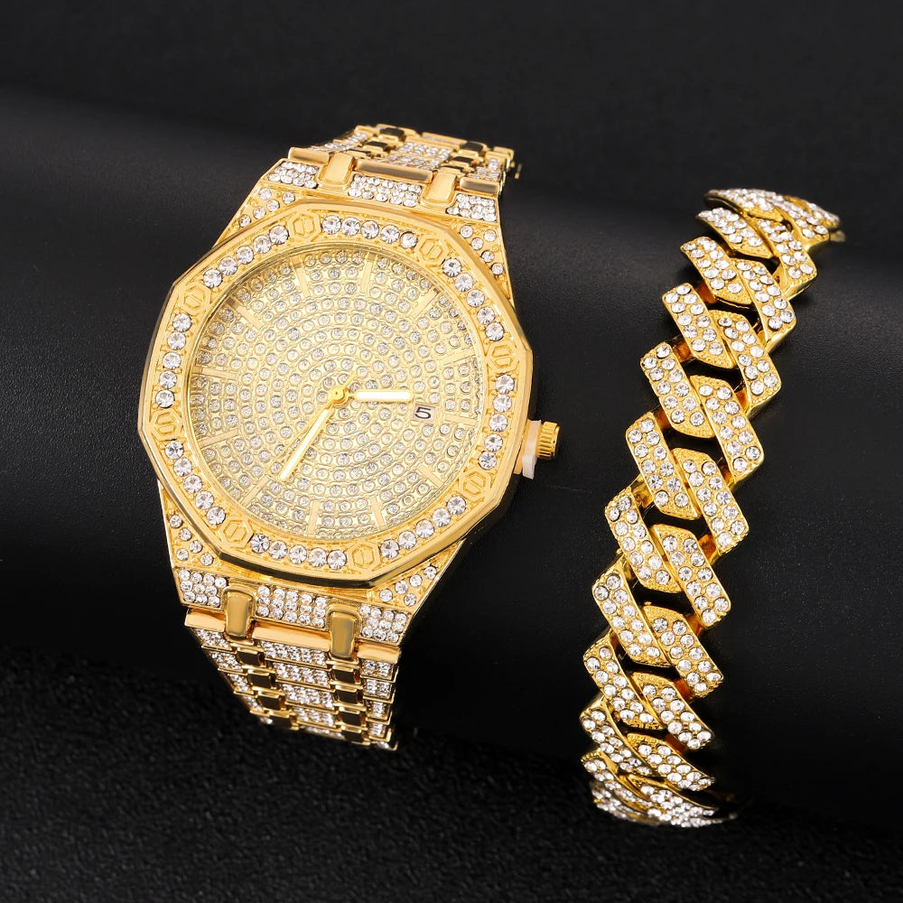 Reloj Luxury "Iced Out" + Pulsera Cubana - Set Hip Hop Gold